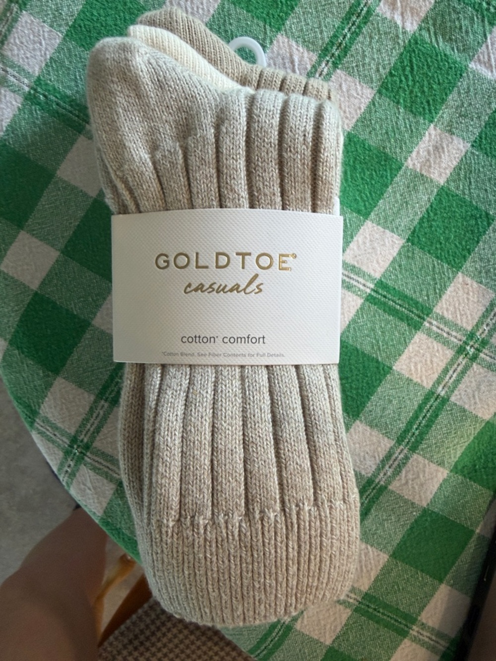 Gold Toe beige crew socks with yellow and cream accents